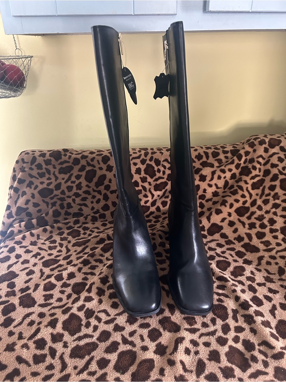 Black Genuine Leather Knee-High Block Heel Boots size 9.5